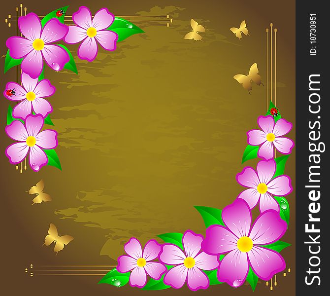Grunge background with beautiful flowers and golden butterflies. Grunge background with beautiful flowers and golden butterflies.