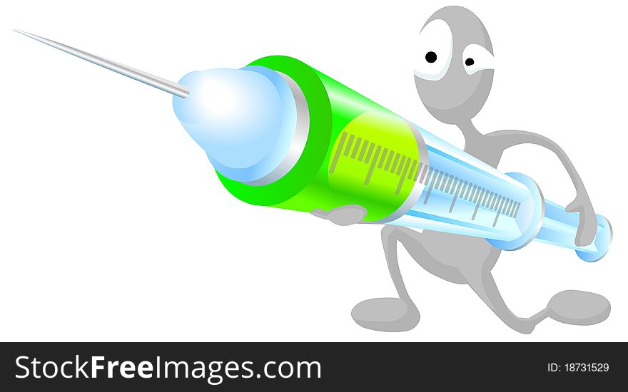 Grey man holds syringe filled with green medication. Grey man holds syringe filled with green medication.