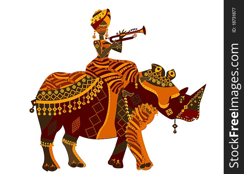 Woman and arhino in the ethnic style with a white background. Woman and arhino in the ethnic style with a white background