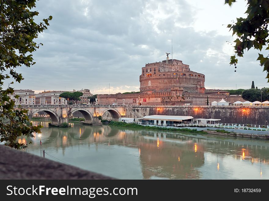 Evening view at the Angelo Castle in Rome, Italy