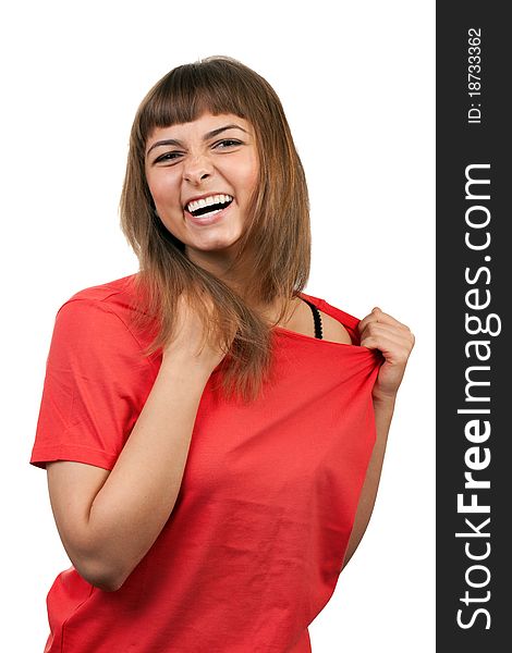 Portrait of the brunette in a red sweater isolated on a white background