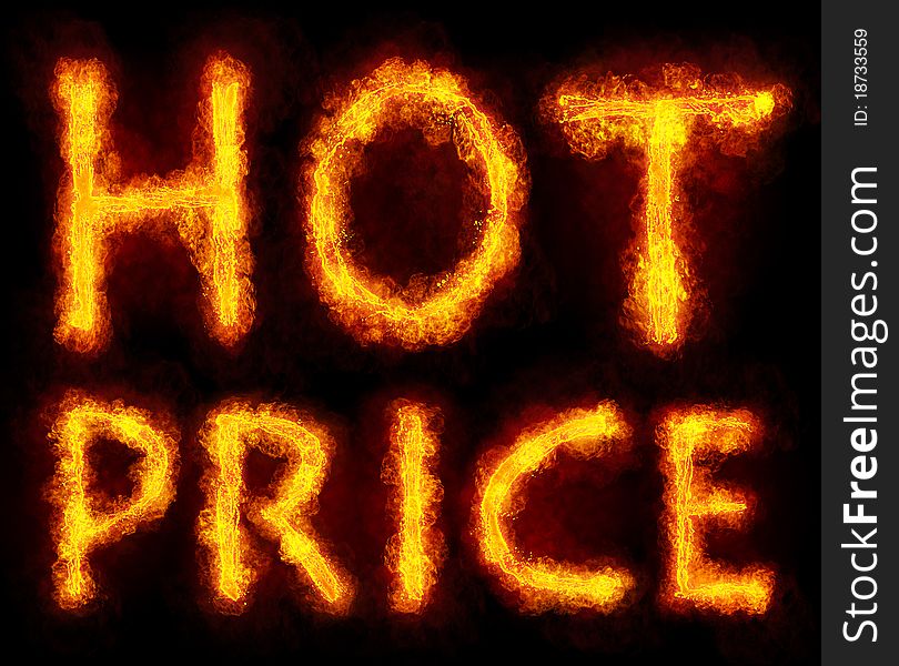 Words HOT PRICE created by fire flame on black background