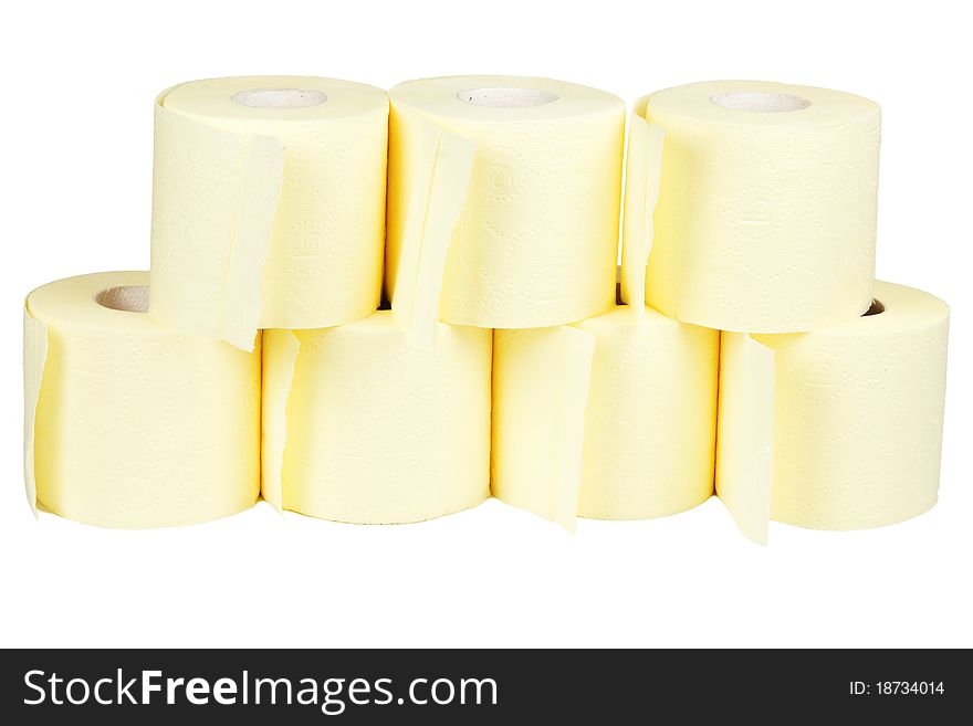 Seven rolls of toilet paper isolated on white background