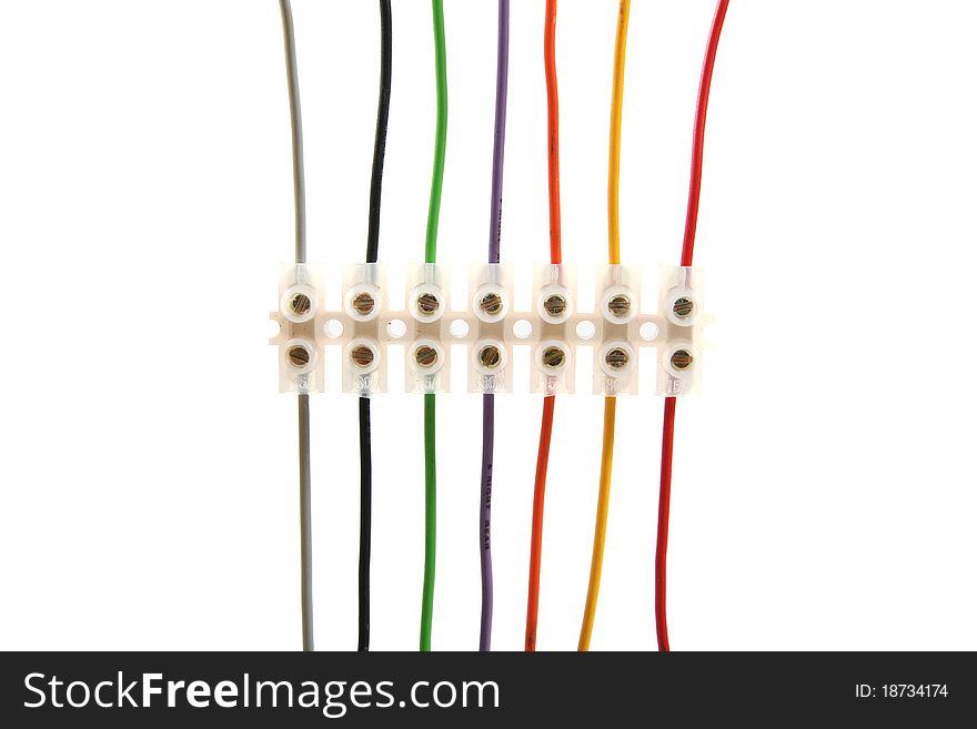 Colorful electric wires in connectors isolated on white