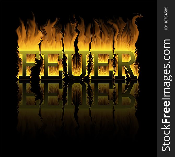 Illustration of the word fire witch burns. With a black background and reflection. Illustration of the word fire witch burns. With a black background and reflection