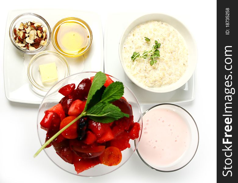 Cooked breakfast with oatmeal and yogurt dessert