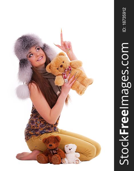 Beautiful longhair girl is holding the teddy bears. Beautiful longhair girl is holding the teddy bears