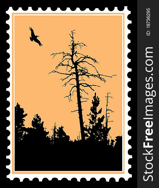 Vector silhouette flying birds on postage stamps