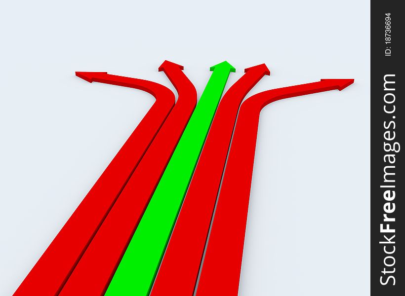 Four red arrow and one green on white surface. Four red arrow and one green on white surface