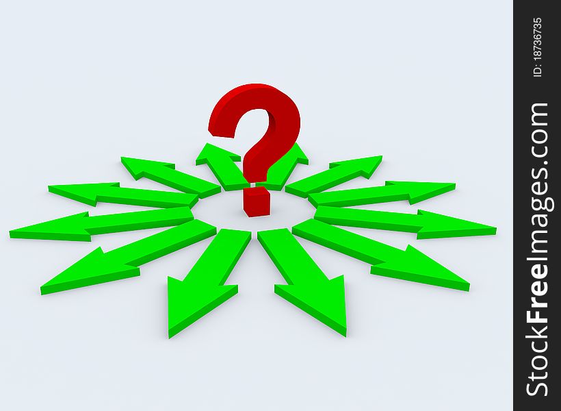 Twelve  green arrows and red question sign in center. Twelve  green arrows and red question sign in center