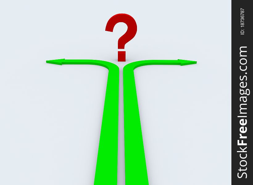 Two green 3D arrows in front of question sign on white surface. Two green 3D arrows in front of question sign on white surface