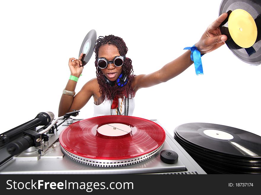 Cool afro american DJ in action isolated on white