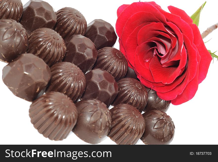 Beautiful red rose and chocolate on white background