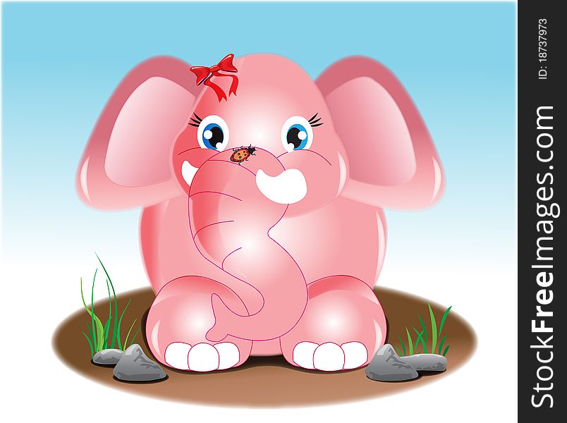 A joyful pink elephant with blue sky and soil and pebbles. A joyful pink elephant with blue sky and soil and pebbles