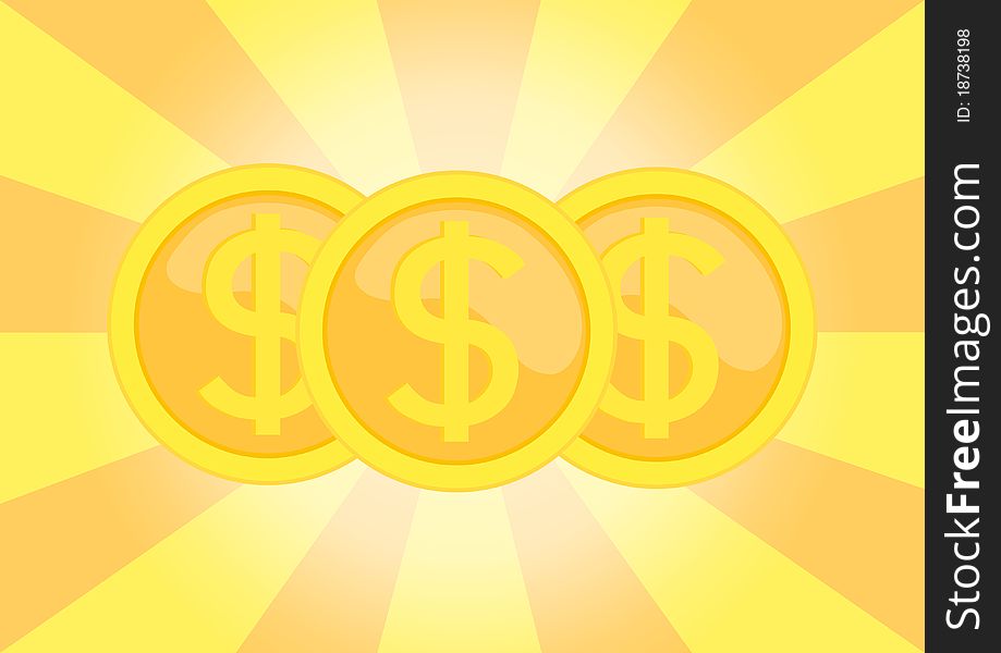 Illustration of golden dollar coins with yellow radial