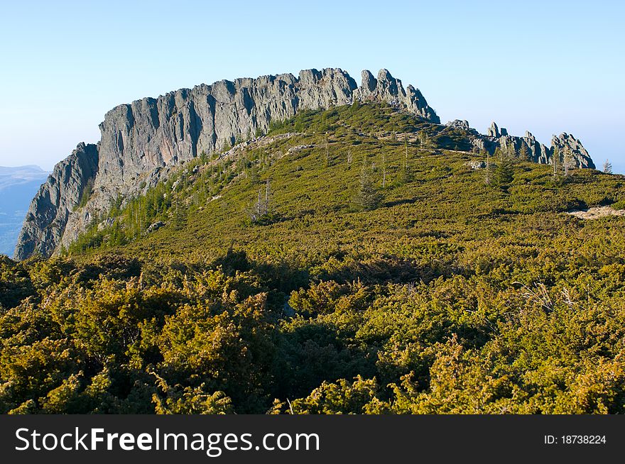 Landscape of stone cliff and mountain green bushes. Landscape of stone cliff and mountain green bushes