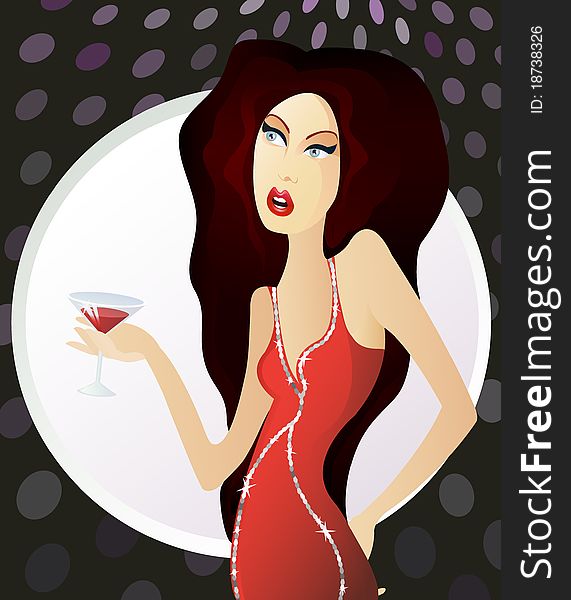 Woman in red dress standing with glass of martini.