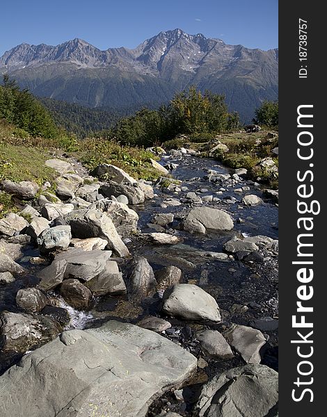 Mountain stream flows through stones. Mountain stream flows through stones