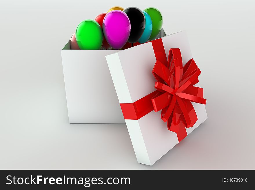 3D rendered illustration of a opened giftbox and balloons. 3D rendered illustration of a opened giftbox and balloons