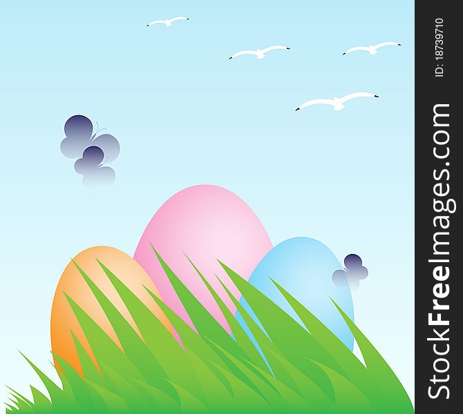 Nature landscape with colored eggs behind grass in spring. Nature landscape with colored eggs behind grass in spring