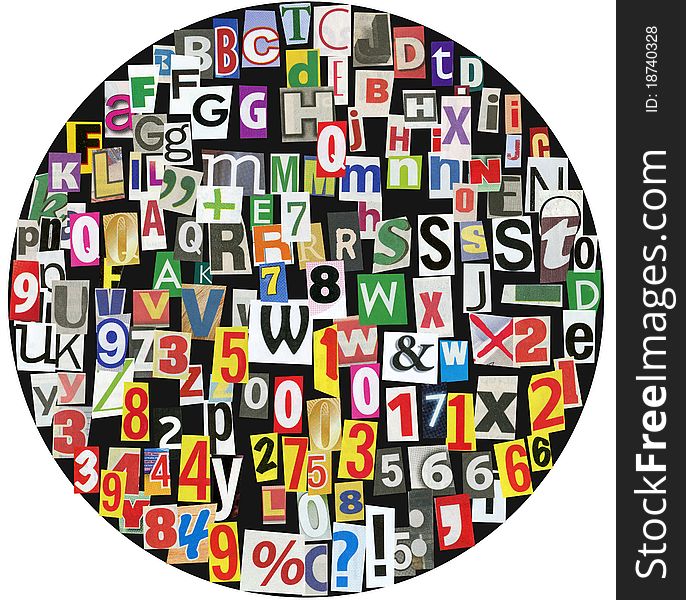 Black circle, fullof newspaper letters, numbers and punctuation marks. Black circle, fullof newspaper letters, numbers and punctuation marks