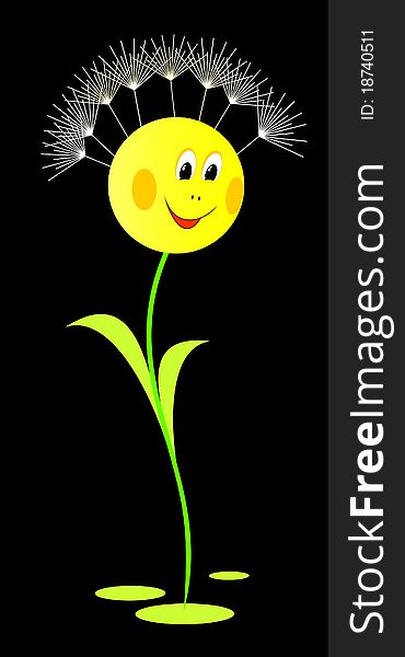 Ridiculous dandelion on a black background. The dandelion smiles. Ridiculous dandelion on a black background. The dandelion smiles.