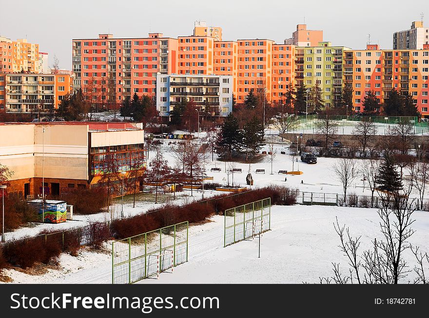 Winter city playground and swimming pool