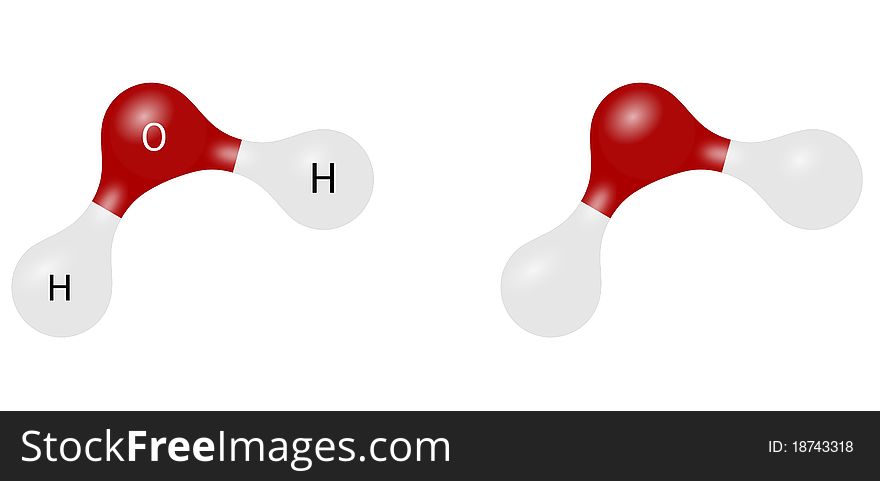 Two versions of water (H2O) molecule model - with and without element's symbols. Two versions of water (H2O) molecule model - with and without element's symbols.