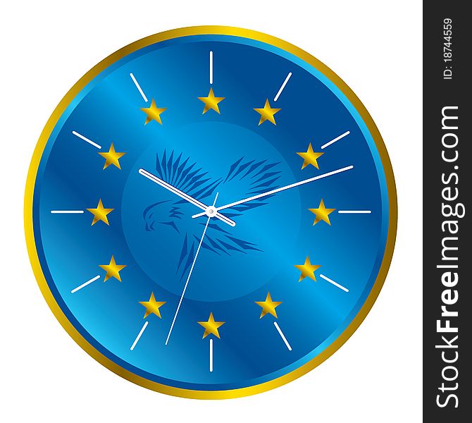 Metallic blue clock with eagle and stars. Metallic blue clock with eagle and stars