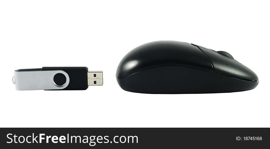 Black computer mouse with USB memory stick over white