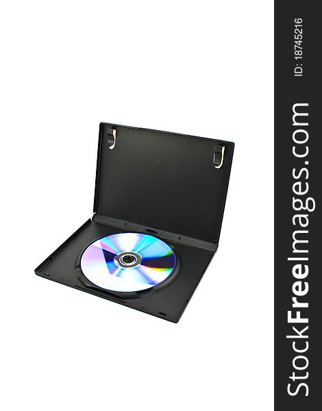 Black box with writable DVD disc inside isolated on white background.