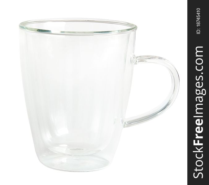 Empty clear glass mug with double wall retains heat with clipping path
