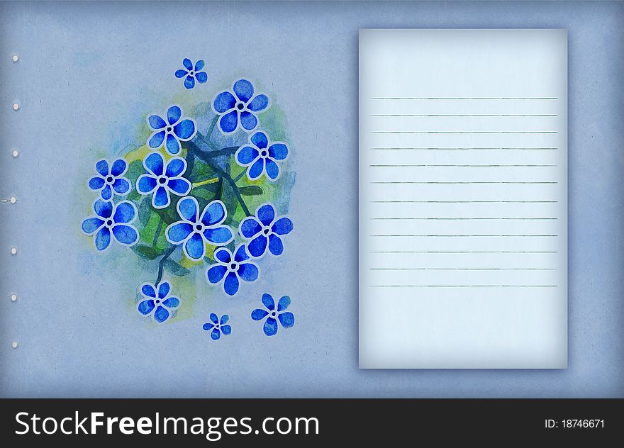 Vintage blue background with watercolor flowers