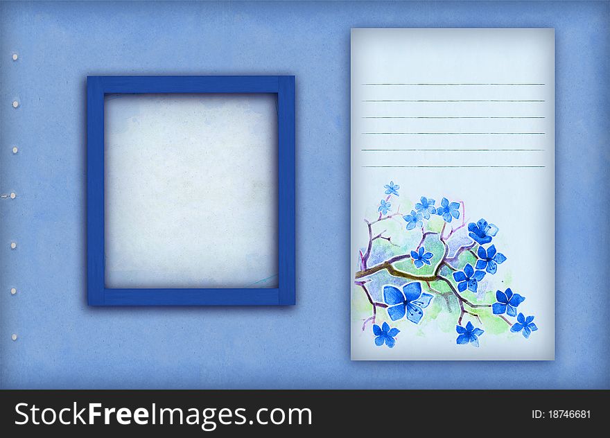 Vintage blue photo frame with flowers