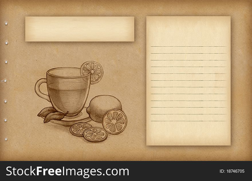 Pencil drawing of glass cup of tea with lemon