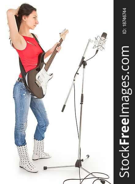 Girl with a guitar on a white background