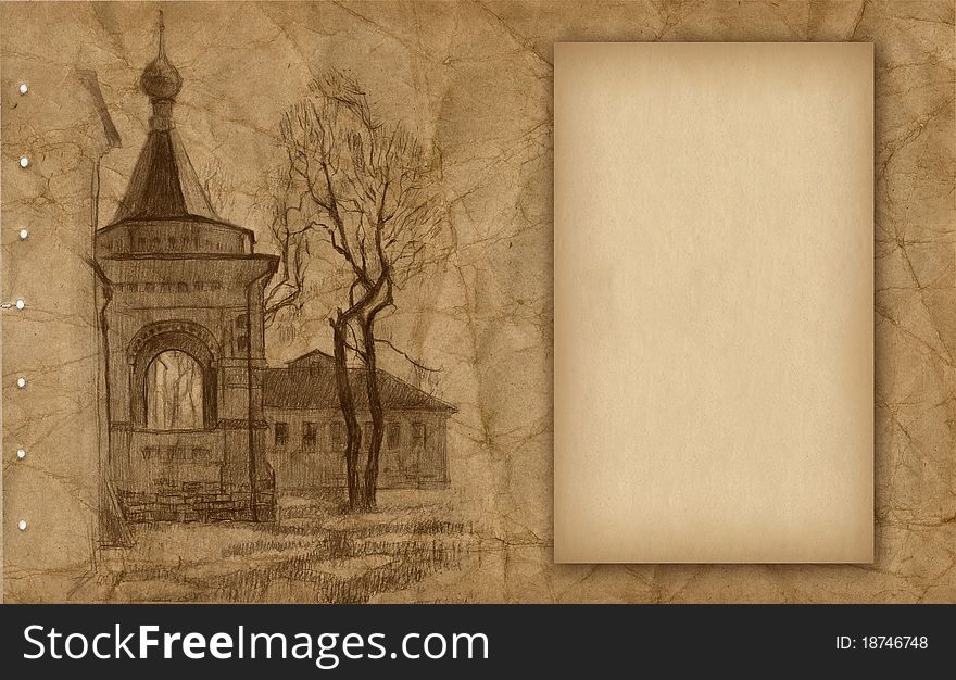 Old paper with sketch of church