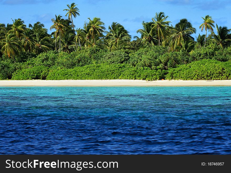 View towards the tempting beach and blue waters around the tropical island in Maldives. View towards the tempting beach and blue waters around the tropical island in Maldives.