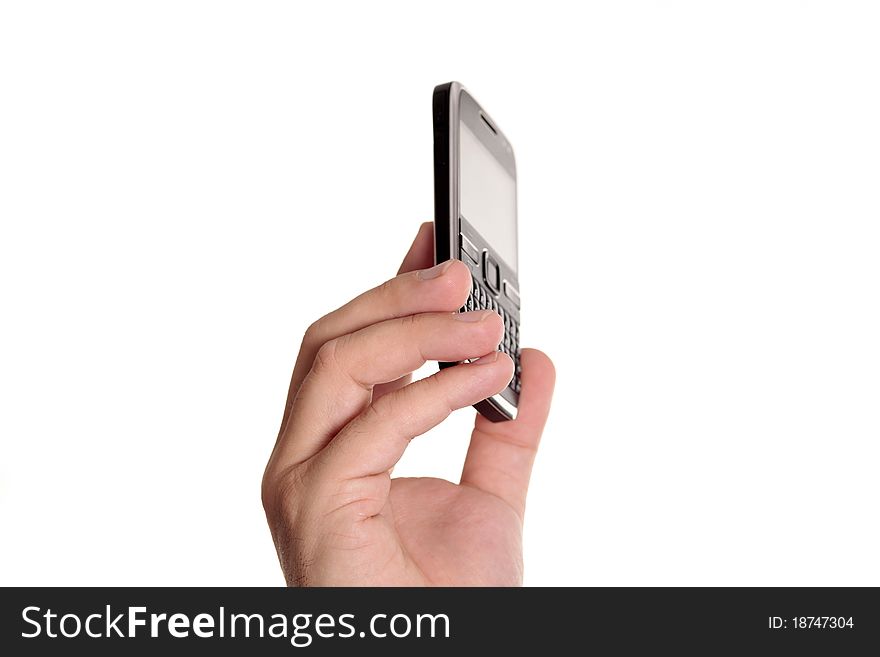 Cell phone in male hand isolated on white