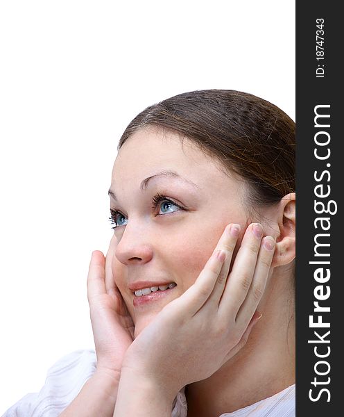 Thoughtful business woman portrait isolated over a white background