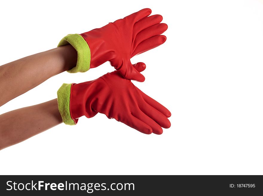 Red rubber gloves on white background. Red rubber gloves on white background