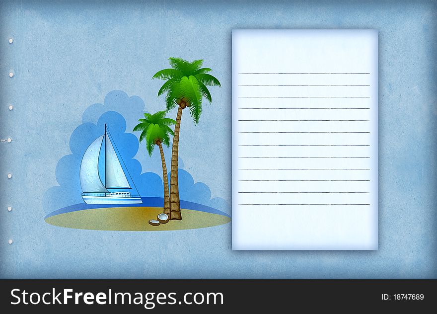 Vacation background with yacht and palm tree