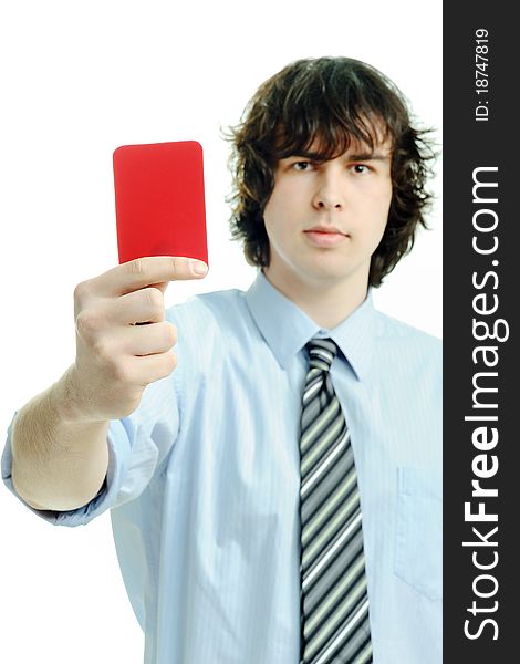 An image of young man with red card