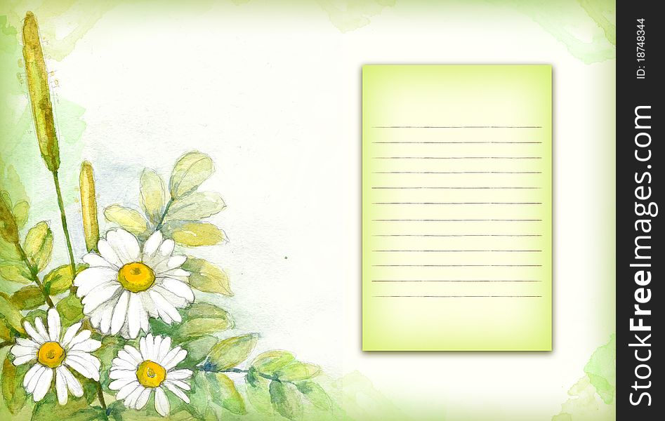 Background with watercolor painting of chamomile