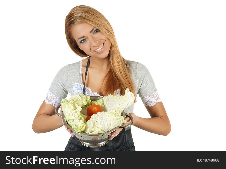 Portrait of happy young woman holding a pot of groceries isolated on white