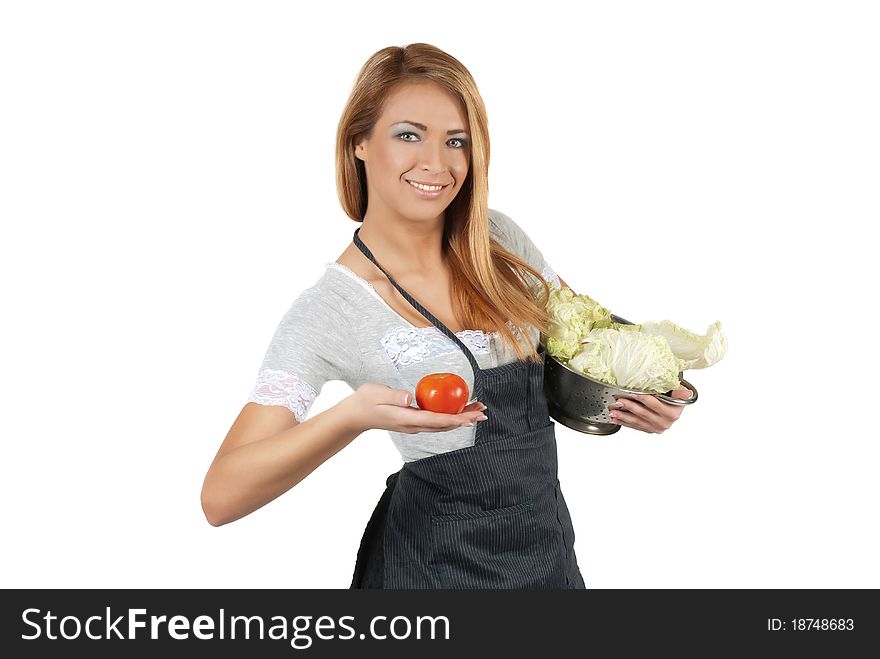 Portrait of happy young woman holding a Pot full of groceries on white background