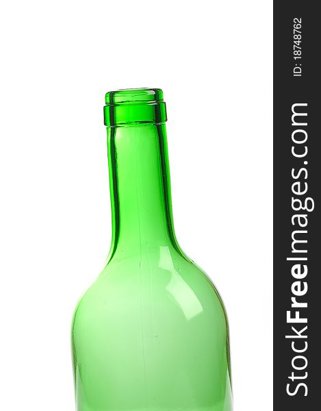 One empty green wine bottle isolated on white background
