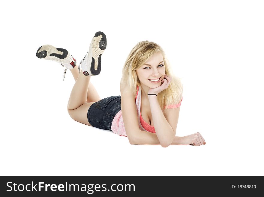 Woman lying on the floor isolated on white background. Woman lying on the floor isolated on white background