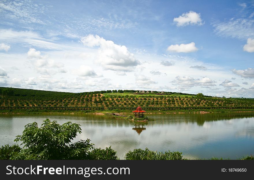 Orange Park Reservoir in the midst of a beautiful bright sky. Orange Park Reservoir in the midst of a beautiful bright sky