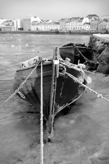 Boats In Ice On The Bank Of River, Black And White Royalty Free Stock Image Boats In Ice On The Bank Of River, Black And White Royalty Free Stock Image